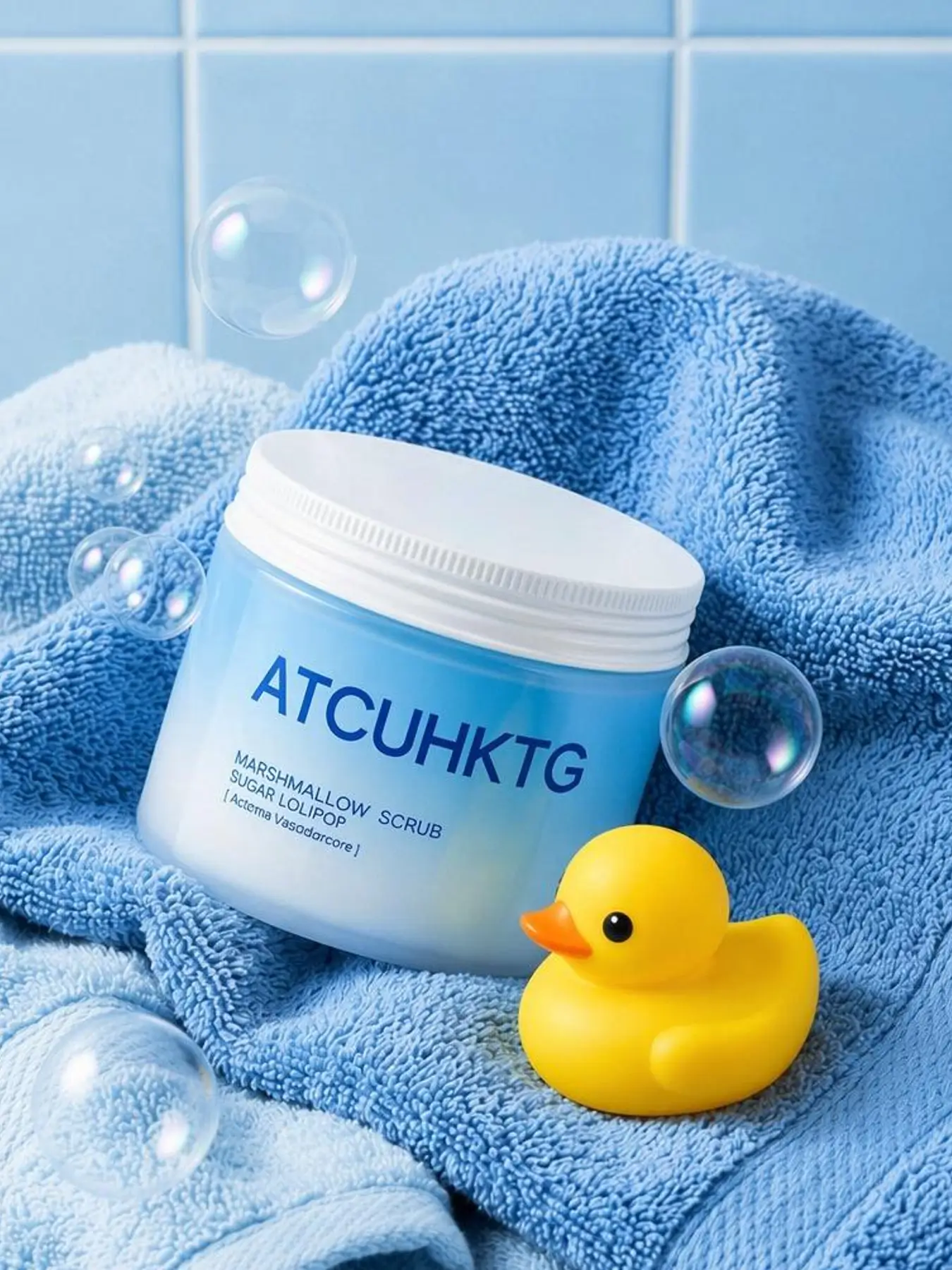 Creative AI product staging of a cosmetic jar resting on a blue towel with a rubber duck and soap bubbles, showcasing lifestyle bathroom scenes