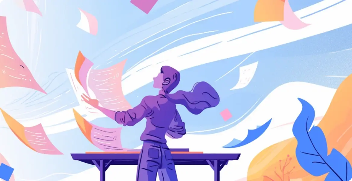 illustration of a person with papers flying around